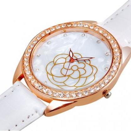 Women Rose Print Crystal Decorated Analog Watch..