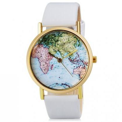 Women Map Print Analog Watch With Faux Leather..