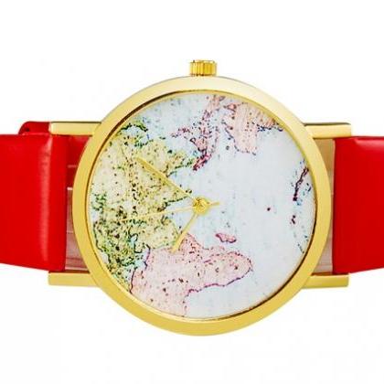 World Map Red Leather Watch