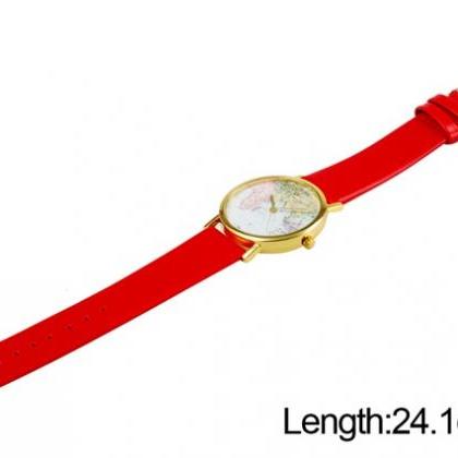 World Map Red Leather Watch