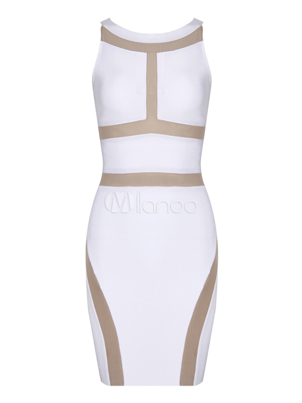 White Sleeveless Two-tone Rayon Slim Womens Bodycon Dress