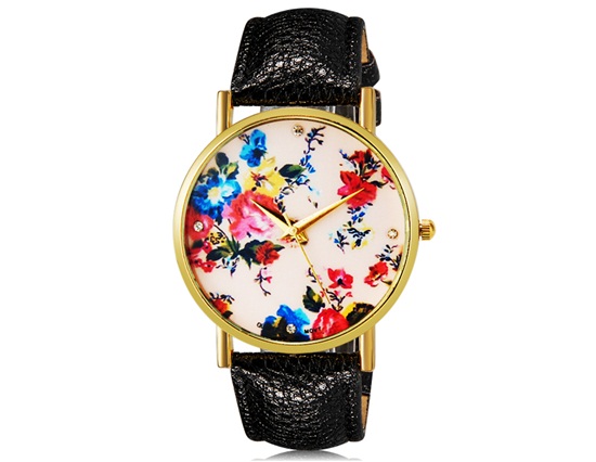 Mo5964 Women Fashionable Rose Pattern Design Analog Wrist Watch (black)
