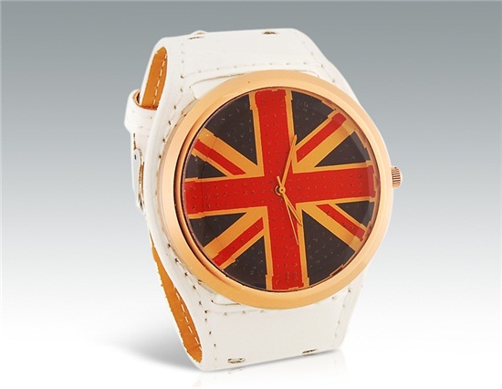 British National Flag Pattern Analog Watch With Pu Leather Strap (white) M.