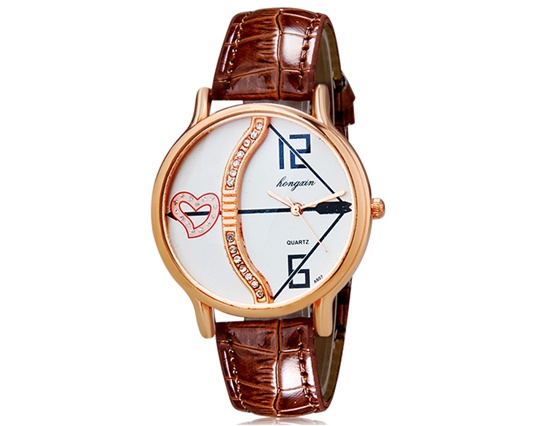 Hongain 607 Women Crystal Decorated Analog Watch With Cupid Arrow Design Alloy Dial Faux Leather Strap (brown) M.