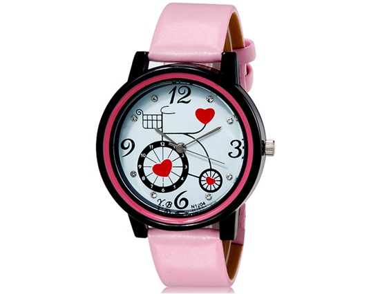 Y.b N1204 Heart Bicycle Decorated Children Analog Watch With Faux Leather Strap (pink) M.