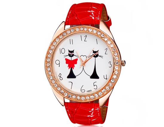 H665 Women Cat Print Crystal Decorated Analog Watch With Faux Leather Strap (red) M.