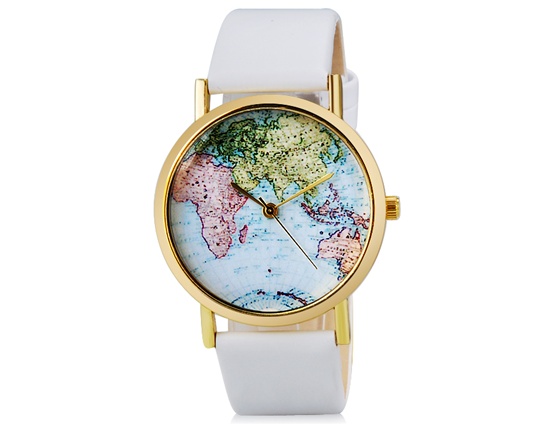 Women Map Print Analog Watch With Faux Leather Strap (white) M.