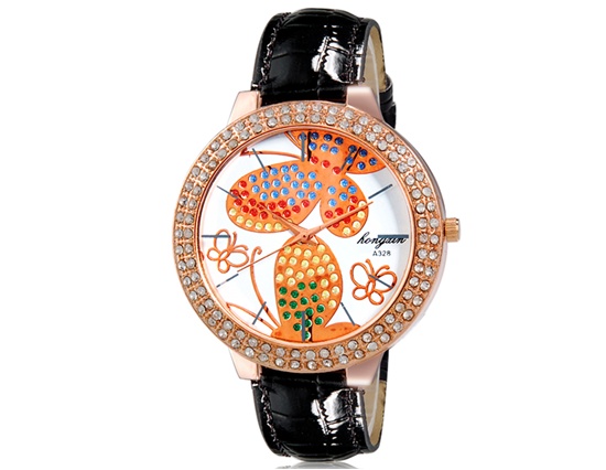 Hongain A328 Butterfly Crystal Decorated Women Analog Watch With Faux Leather Strap (black) M.