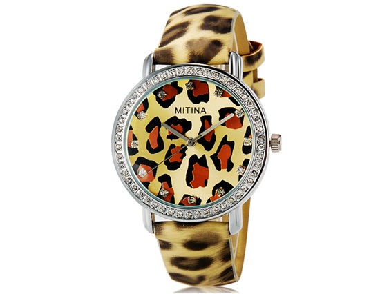 Mitina 161 Women Crystal Decorated Leopard Print Analog Watch With Faux Leather Strap (yellow) M.