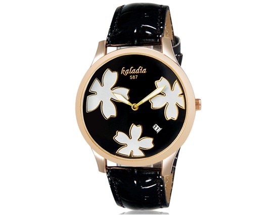 Kaladia 587 Women Flower Print Round Analog Calendar Watch With Faux Leather Strap (black) M.