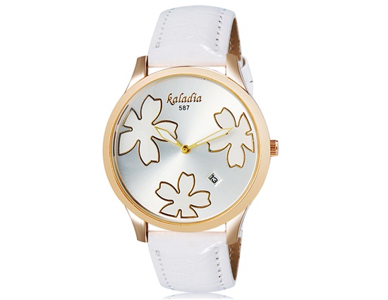 Kaladia 587 Women Flower Print Round Analog Calendar Watch With Faux Leather Strap (white) M.