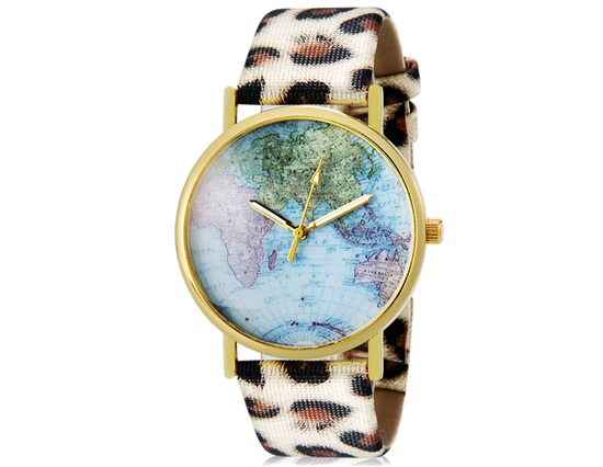 Womage 1089 Women Round Analog Watch With Map Print Dial Faux Leather Leopard Print Strap M.