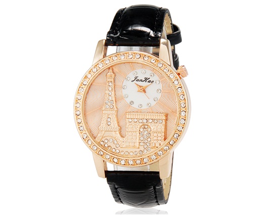 Women Eiffel Tower Crystal Decorated Analog Watch With Faux Leather Strap (black) M.