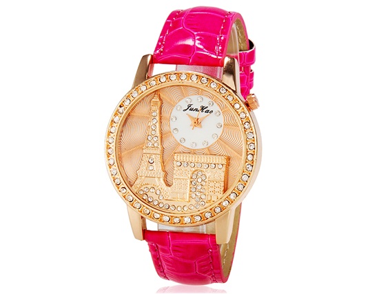 Women Eiffel Tower Crystal Decorated Analog Watch With Faux Leather Strap (pink) M.