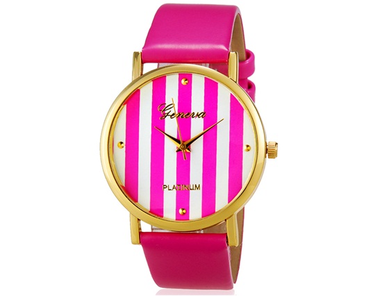 Women Striped Print Analog Watch With Faux Leather Strap (pink) M.