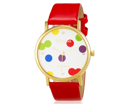 Women Polka Dot Printed Round Analog Watch With Faux Leather Strap (red) M.