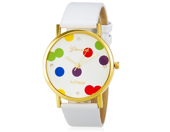 Women Polka Dot Printed Round Analog Watch With Faux Leather Strap (white) M.