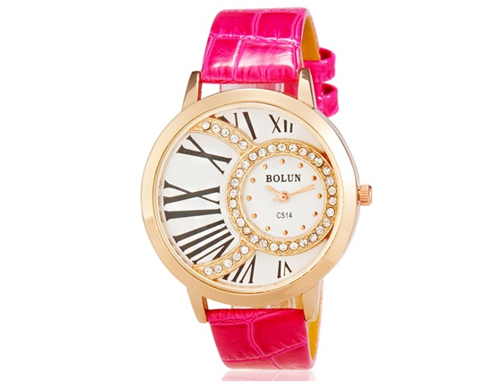 Bolun C514 Women Crystal Decorated Analog Watch With Faux Leather Strap (pink) M.