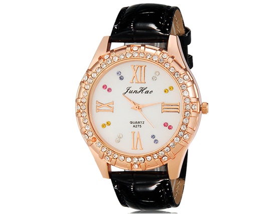 Junhao A275 Women Crystal Decorated Analog Watch With Faux Leather Strap (black) M.