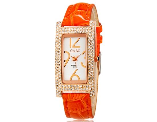 Caiqi 601 Women Crystal Decorated Analog Watch With Faux Leather Strap (orange) M.