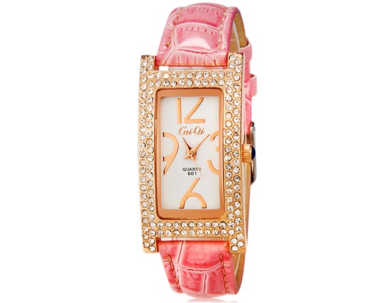 Caiqi 601 Women Crystal Decorated Analog Watch With Faux Leather Strap (pink) M.