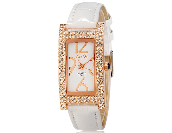 Caiqi 601 Women Crystal Decorated Analog Watch With Faux Leather Strap (white) M.