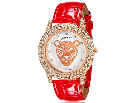 Junhao C010 Women Tiger Print Crystal Decorated Analog Watch With Faux Leather Strap (red) M.