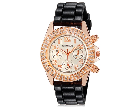 Womage 1086 Crystal Decorated Women Analog Watch With Silicone Strap (black) M.