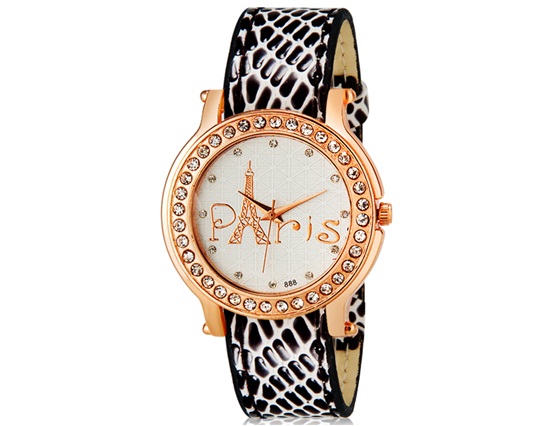 888 Women Crystal Rhinestone Decorated Fashion Printing Eiffel Tower Pattern Wrist Watch With Faux Leather Strap (black)