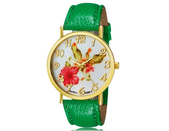 Womage 1089-7 Fashionable Women Analog Quartz Wrist Watch With Flower Pattern Faux Leather Band (green)
