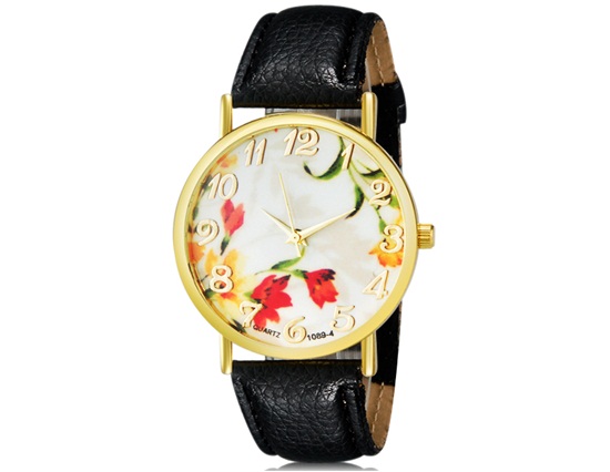 Womage 1089-4 Fashionable Women Analog Quartz Wrist Watch With Flower Pattern Faux Leather Band (black)