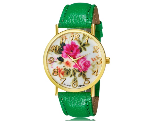 Womage 1089-6 Fashionable Women Analog Quartz Wrist Watch With Flower Pattern Faux Leather Band (green)