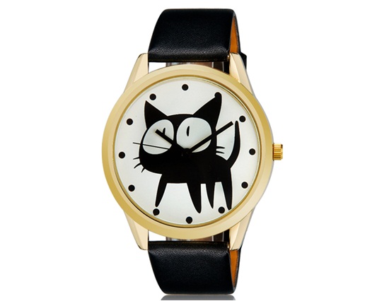 Lovely Cat Pattern Design Women Fashionable Analog Wrist Watch (black)