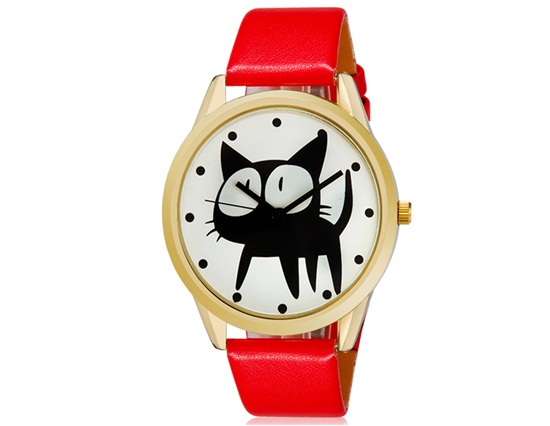 Lovely Cat Pattern Design Women Fashionable Analog Wrist Watch (red)