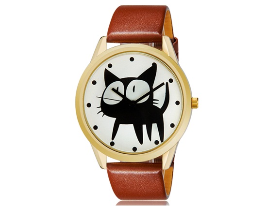 Lovely Cat Pattern Design Women Fashionable Analog Wrist Watch (brown)