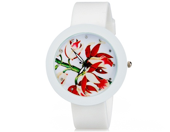 Women Fashionable Rhinestone Decorated Analog Wrist Watch With Silicone Band (red)