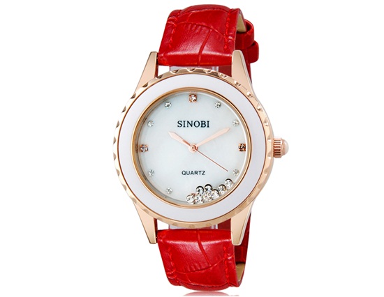 Sinobi 8119 Women Fashionable Rhinestone Decorated Analog Quartz Wrist Watch With Faux Leather Band (red)