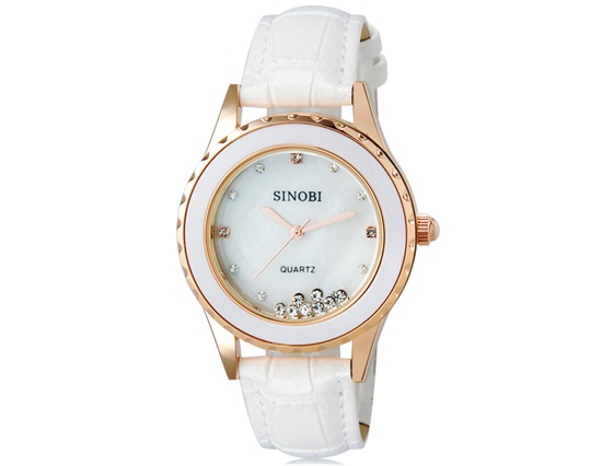Sinobi 8119 Women Fashionable Rhinestone Decorated Analog Quartz Wrist Watch With Faux Leather Band (white)